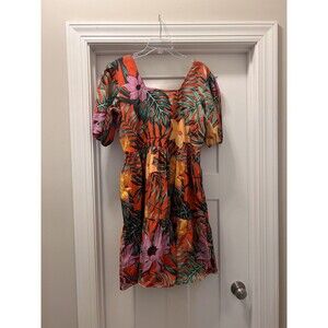 Maude Vivante Womens Red Green Floral Tropical Tier Ruffle Dress Size Xl Pockets